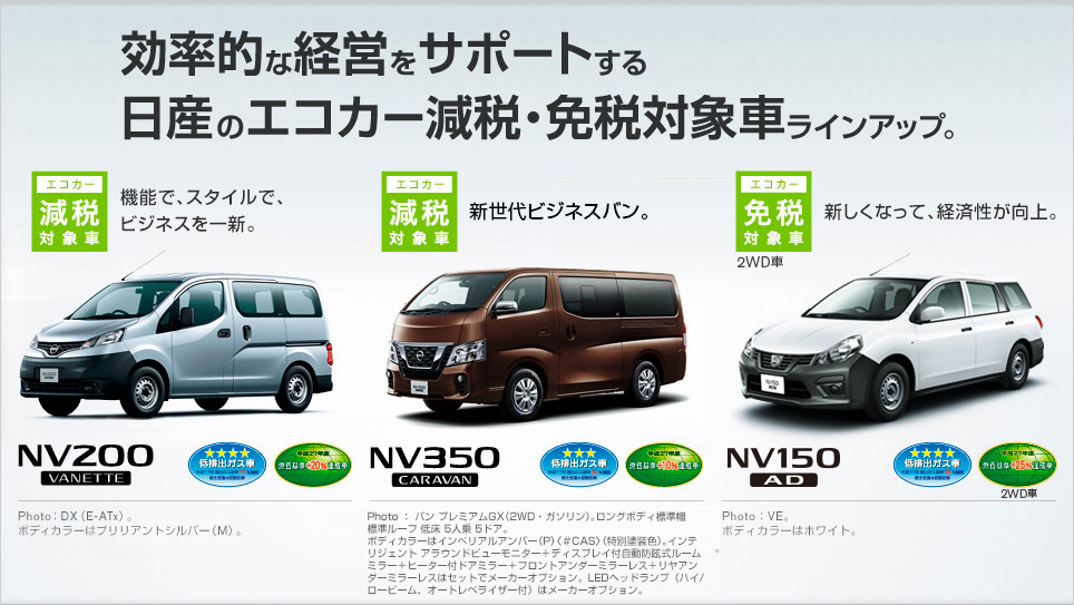効率的な経営をサポートする日産エコカー減税・免税対象車ラインアップ。